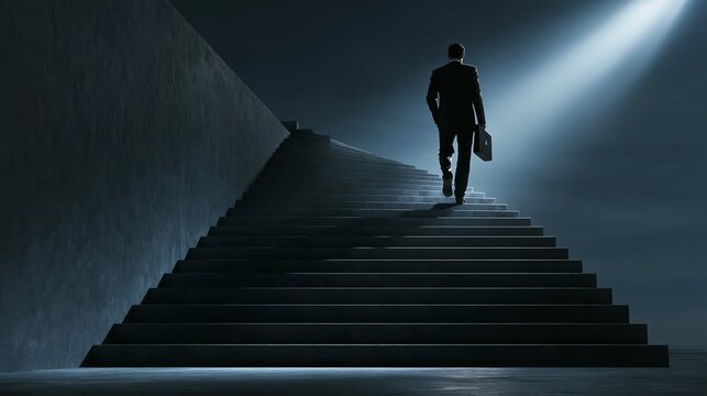 Businessman climbs a staircase toward a beam of light with a briefcase Generative AI