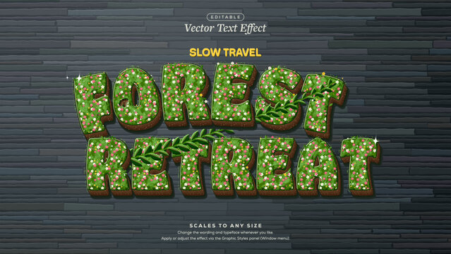 Forest Retreat Moss Text Effect with Pink Blooms and Leafy Vine on Slate