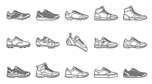Diverse Athletic Shoes Array in Black Line Art