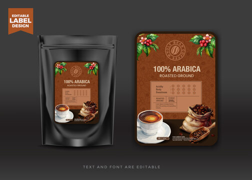 100% Arabica Coffee Packaging Label Design with Rustic Brown Texture, Botanical Accents and Black Pouch Mockup