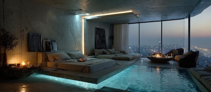 Luxury indoor pool and lounge area.