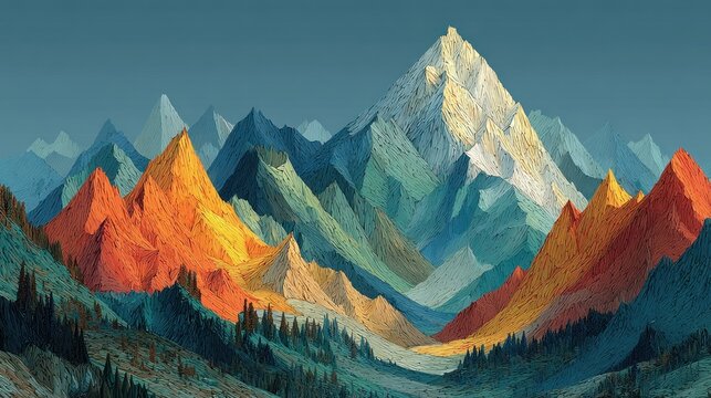 Mountain range landscape with colorful peaks.