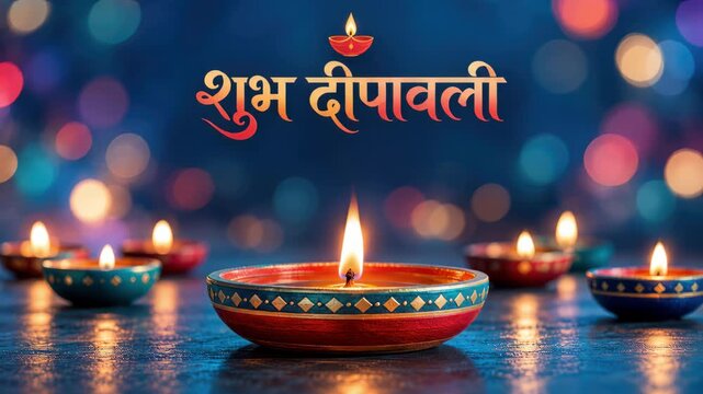 Shubh deepavali lettering above painted diwali diyas. devanagari festive wishes, red oil lamps with blue gold geometric trim