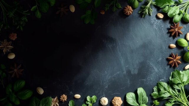 Fresh Herb and Spice Border on Dark Slate Background with Rustic Culinary Styling and Text Space