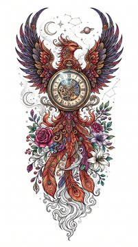 Mythical phoenix clock with celestial wings and floral tail in intricate illustration