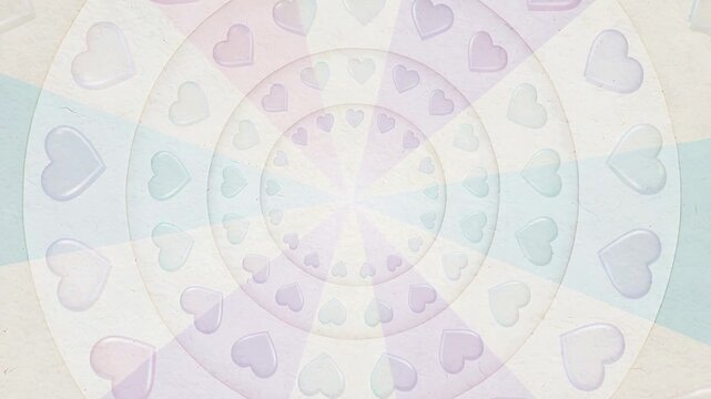 Pulsing glossy hearts closing inward after central white glow rising on canvas with pastel wedges