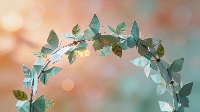 Rotating wire arch tilting, revealing teal paper butterfly wings and leaves in set with gold beads
