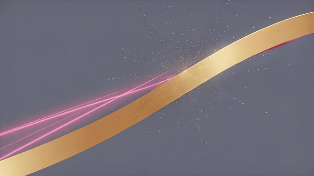 Crossing gold and pink ribbons gliding gray field, causing flash and sending sparks as transition