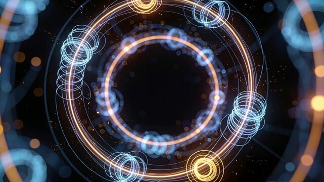 Orbiting amber node starting clockwise around concentric rings in void, creating cyan spark trails