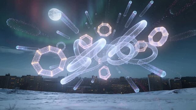 Appearing glowing shapes rotating, expanding above snow field under moon aurora, emitting sparkles