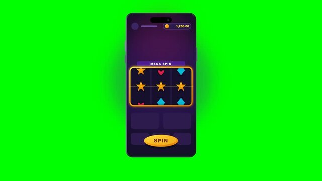 A smartphone scales into the frame displaying an abstract online casino slot game. The user hits spin, and the reels lock into a winning combination, triggering a satisfying haptic bump