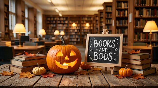 Halloween display with a jackolantern, books, and a chalkboard sign reading books and boos on a rustic wooden table in a cozy library setting