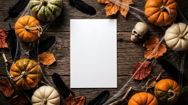 Halloween flat lay with pumpkins, autumn leaves, black feathers, and a skull on a rustic wooden background with a blank white paper in the center for your text or design
