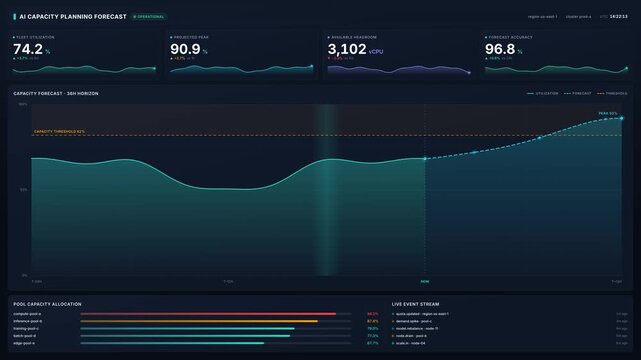 Ai capacity planning forecast dashboard tracking fleet utilization, projected peak, headroom with real time analytics for cloud infrastructure resource management