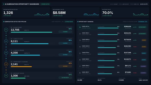 Ai subrogation opportunity dashboard with claims intake, liability scan, recoverable value analytics, for insurance recovery, automation, decision making