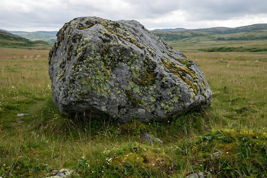 Large lichencovered glacial erratic boulder sitting in a vast, grassy tundra landscape under a cloudy sky