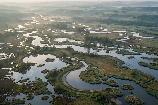 Aerial view of a winding river meandering through a lush green wetland landscape at sunrise