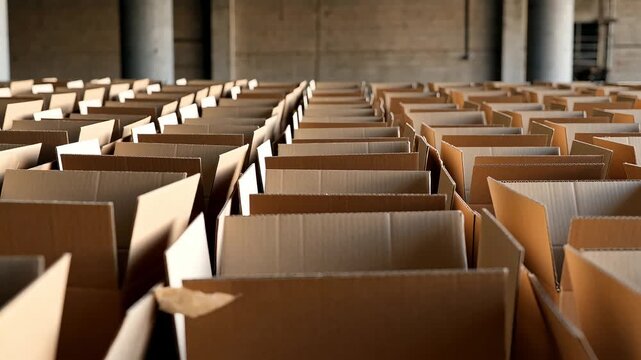 Multiple rows of open brown cardboard boxes stacked inside large distribution warehouse