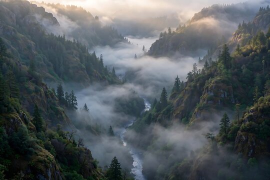 Breathtaking aerial view of a misty river valley surrounded by lush green mountains and dense pine forests at sunrise