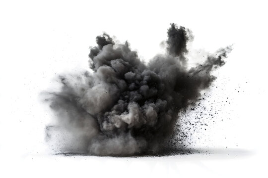 Powerful dark smoke cloud explosion captured in a dramatic photographic shot showing intense debris flying through the air with force