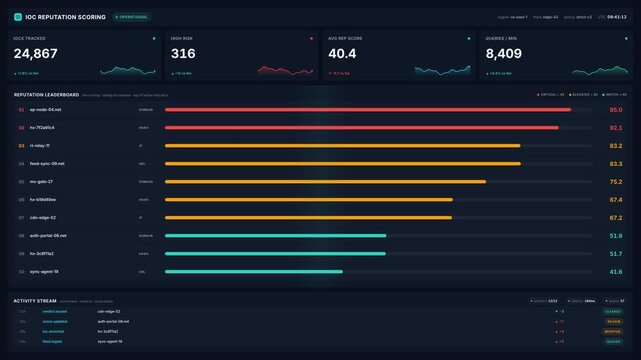 Cybersecurity analyst monitoring ioc reputation scoring dashboard with risk analytics, threat intelligence, live network security metrics for enterprise protection