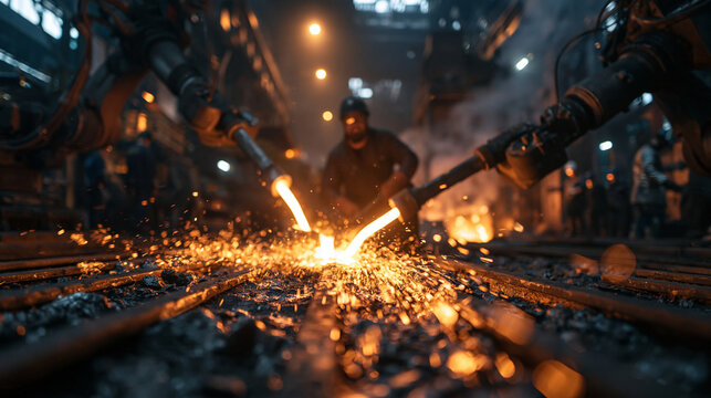 Industrial Robotic Arms Cutting Molten Metal in Steel Foundry