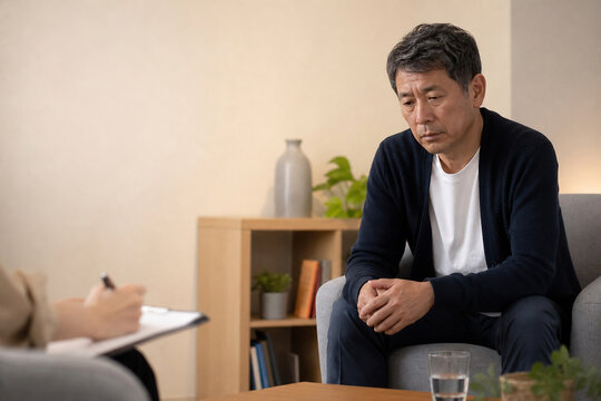 ソファで担当者と向かい合い話を聞く日本人男性