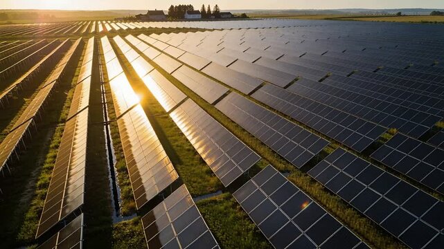 Gliding drone capturing sun glinting across PV panel rows with sun lowering at solar farm