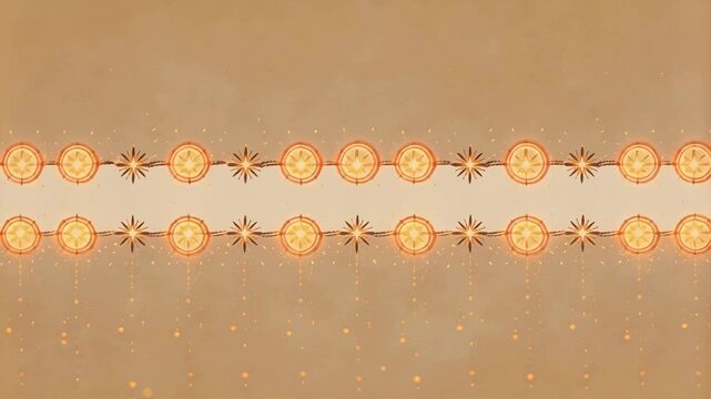 Starting two bands shifting stars to rosettes on tan backdrop forming festive banner, lit bar