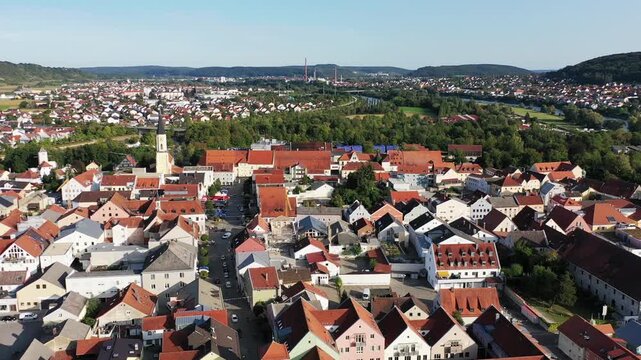 Drone video over Kelheim between Altm&uuml;hl and Main. Kelheim, Lower Bavaria, Bavaria, Germany