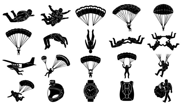Skydiving Equipment and Parachutist Silhouette Bundle &ndash; Black Monochrome Adventure Vector Icons