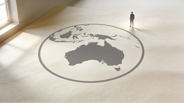Stepping man in coat taking step facing Australia map on floor, windows casting shadow, copy space