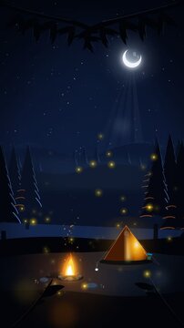 Vertical video loop of a tranquil campsite in a pine forest at night. Features a glowing tent, warm campfire, floating fireflies, crescent moon, and starry sky in vertical format.
