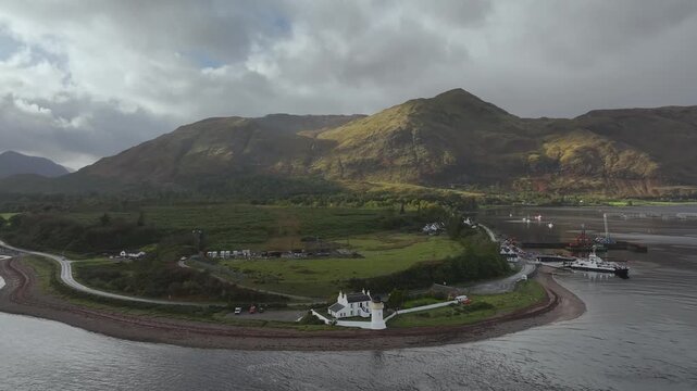 Corran Point Lighthouse from a drone, Ardgour Ferry Terminal, Fort William, Scotland, UK