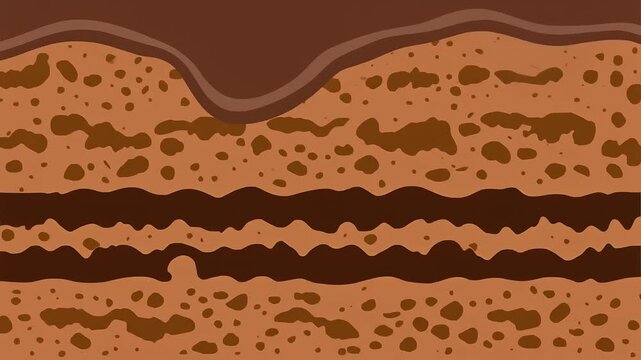 Chocolate cake layers with creamy frosting filling in a flat vector illustration style