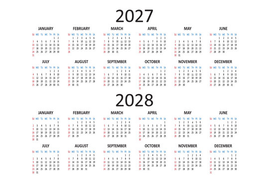 American calendar 2027 2028 years. Week starts on Sunday. Simple business daily USA banner. Vector illustration isolated on white background.