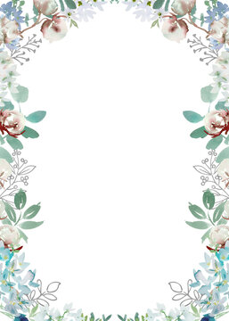Watercolor Winter Botanical Background with Abstract Hand-Painted Cotton Flowers, Delphinium, Blue Berries and Leaves for Wedding Invitations and Greeting Cards