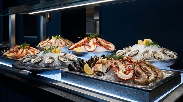 Fresh seafood platter with shrimp and oysters served on ice at a luxury hotel buffet dinner. high-end buffet design