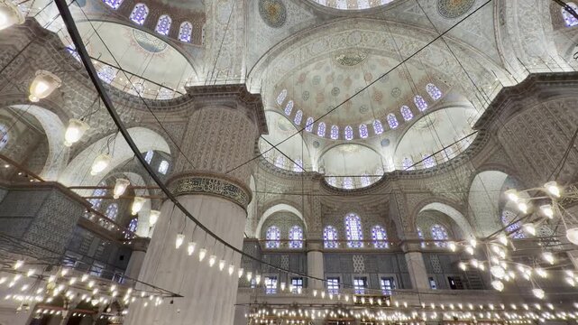 Panning inside the Blue Mosque Sultan Ahmed Mosque in Istanbul Turkey