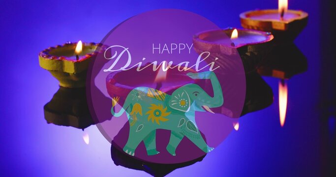 Purple circle featuring teal elephant and HAPPY Diwali text with glowing lamps, copy space