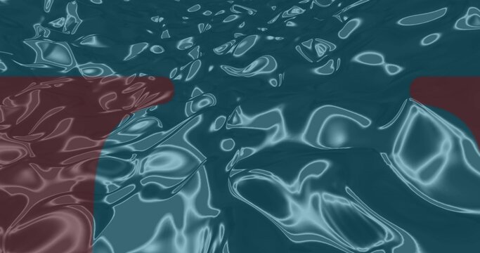 Dark teal water rippling under bright twisting reflections with red shapes overlapping edges