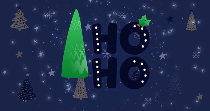 Dark blue background holding HO lettering with white dots, green trees, stars and snowflakes