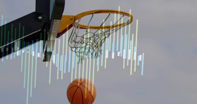 Orange basketball floating below white net on hoop against cloudy gray sky with green bar overlay