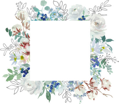 Watercolor Winter Botanical Frame with Abstract Hand-Painted White Roses, Cotton Flowers, Blue Berries, Delphinium, Leaves and Silver Botanical Line Art for Wedding Invitations and Holiday Cards