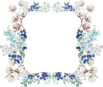 Watercolor Winter Elegant Botanical Frame with Abstract Hand-Painted Cotton Flowers, Blue Berries, Delphinium, Silver Botanical Line Art and Leaves for Wedding Invitations and Holiday Cards