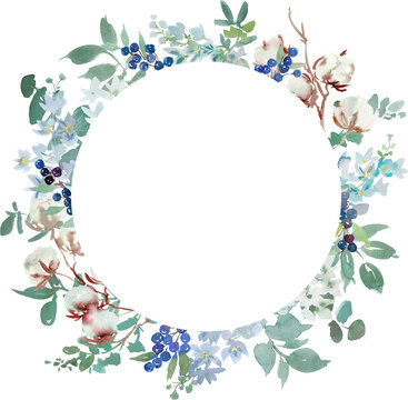 Watercolor Winter Botanical Frame with Abstract Hand-Painted Cotton Flowers, Blue Berries, Delphinium and Leaves for Wedding Invitations and Holiday Cards