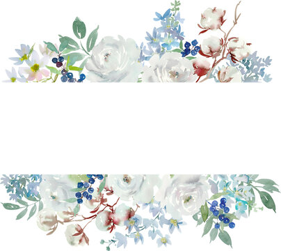 Watercolor winter floral png frame with abstract hand painted white roses, cotton flowers, blue berries, leaves and silver line arts for wedding invitation and greeting card