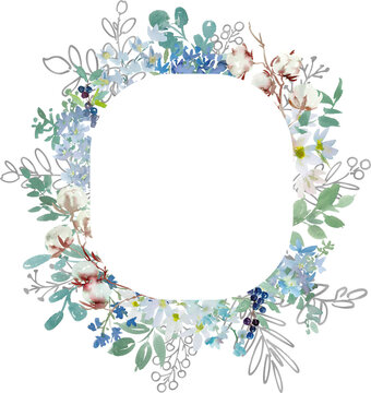 Watercolor Winter Botanical Frame with Abstract Hand-Painted Cotton Flowers, Blue Berries, Delphinium, Silver Botanical Line Art and Leaves for Wedding Invitations and Holiday Cards