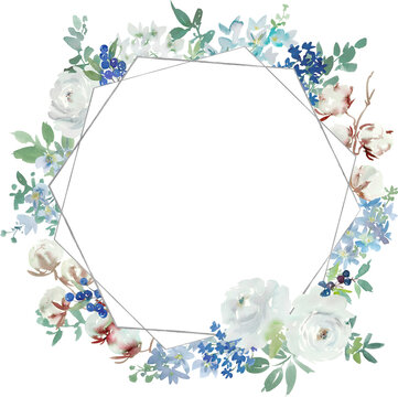 Watercolor Winter Botanical Frame with Abstract Hand-Painted White Roses, Cotton Flowers, Blue Berries, Delphinium and Leaves for Wedding Invitations and Holiday Cards