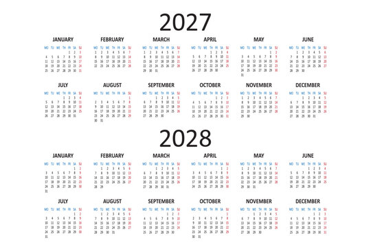 European calendar 2027 2028 years. Week starts on Monday. Simple business daily banner. Vector illustration isolated on white background.